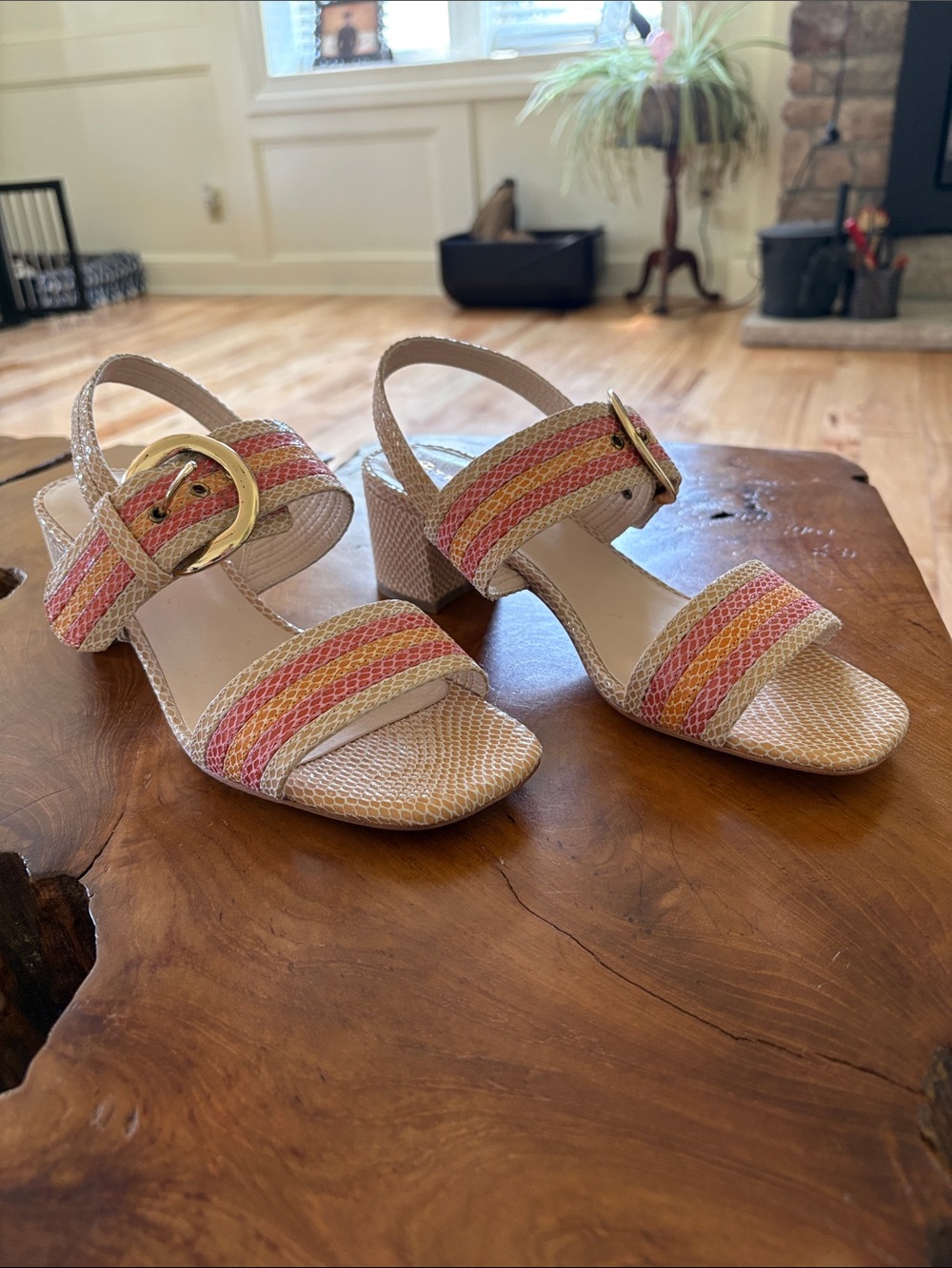 Trina Turk Pink, Cream and Yellow Striped Woven Block Heel Sandals